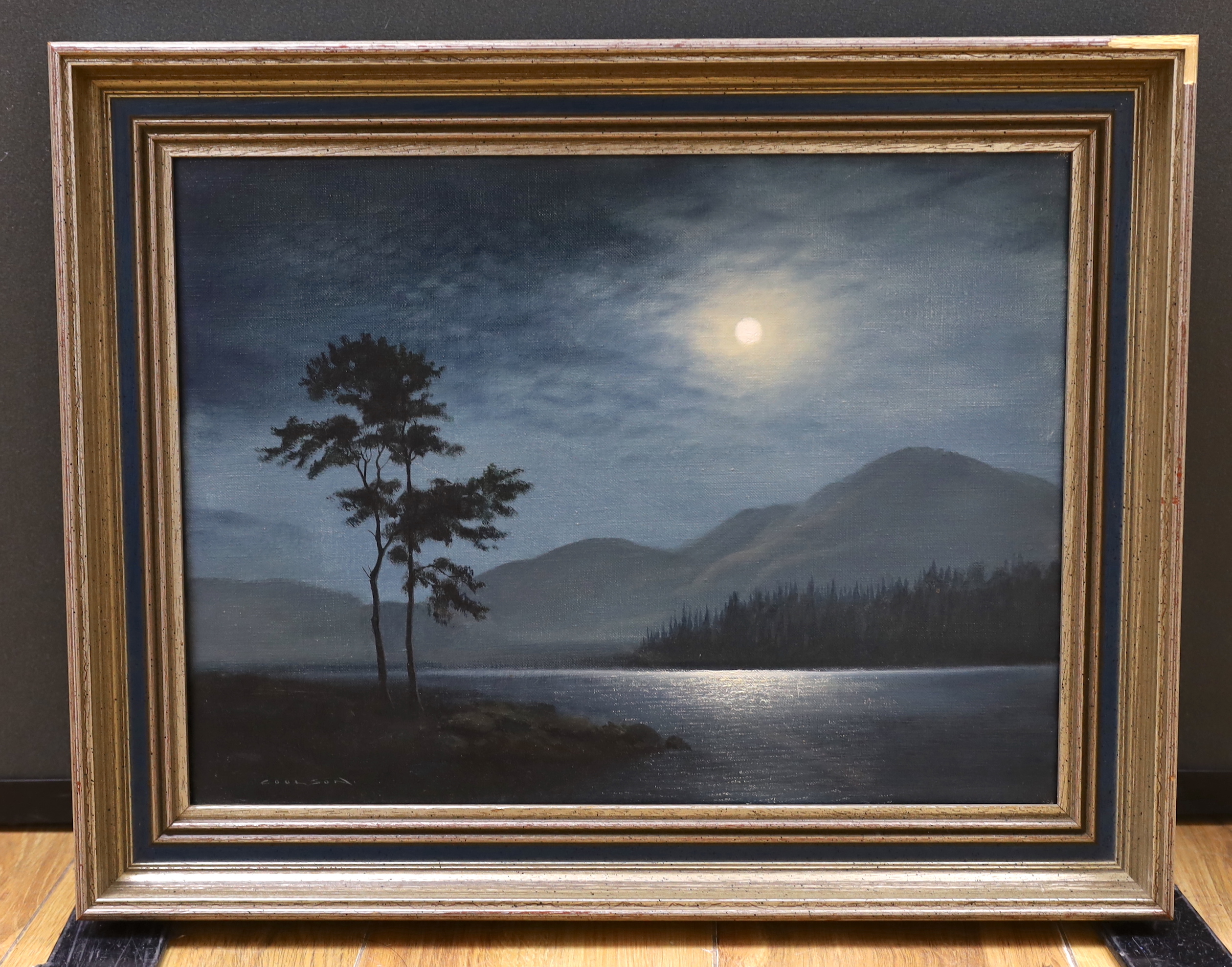 Gerald Davison Coulson (English, 1926-2021), oil on canvas, Moonlit lake scene, signed, 30 x 40cm